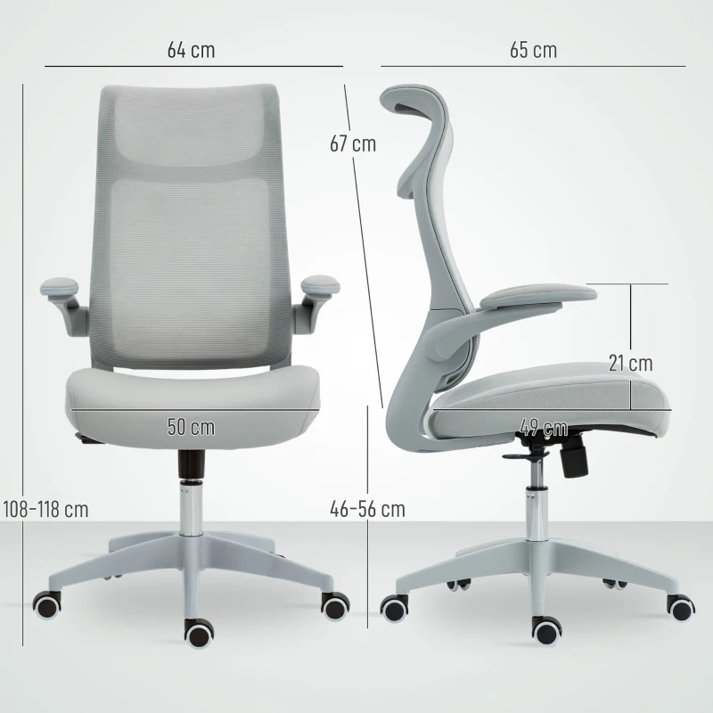 HOMCOM Silla de Oficina Ergonómica Giratoria de Malla con Soporte Lumbar Reposabrazos Abatibles Reposacabezas Basculante Gris