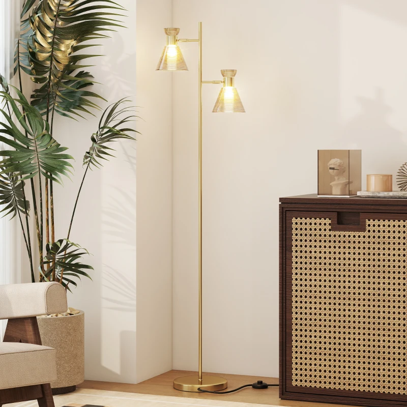 HOMCOM Lámpara de Pie Moderna con 2 Luces y Cabezas Regulables, Interruptor de Pedal, Oro