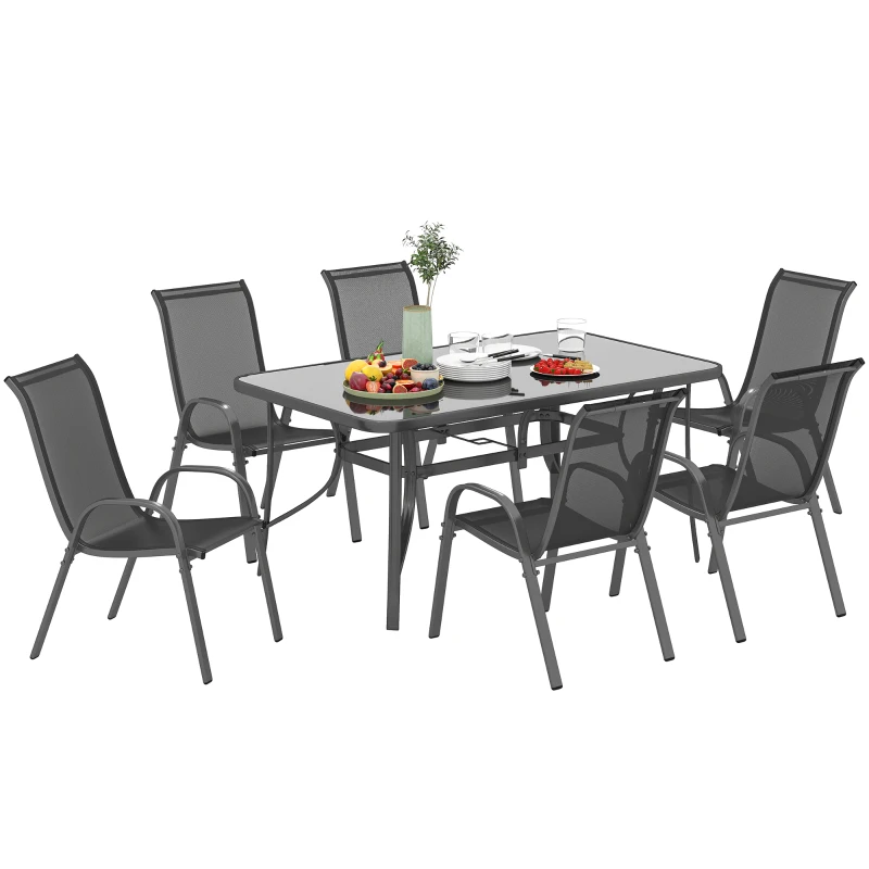 Outsunny Juego de Mesa y 6 Sillas para Terraza con Orificio para Sombrilla y Encimera de Cristal para Terraza Patio Gris