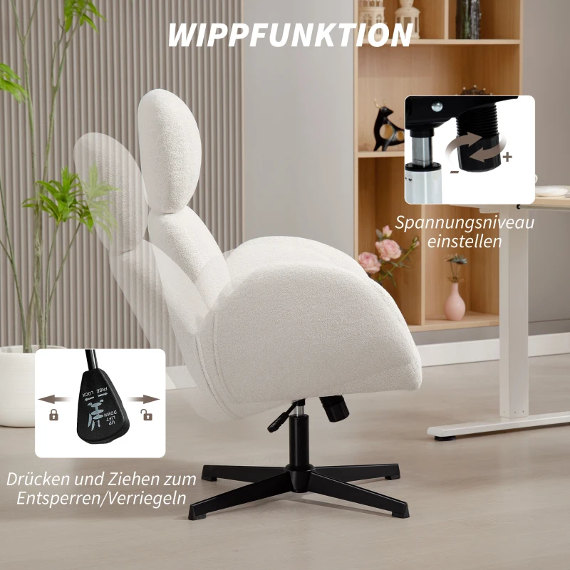 HOMCOM Silla de oficina con tapizado de tela de aspecto terciopelo, silla acolchada con base de acero, silla de escritorio regulable en altura, blanco crema