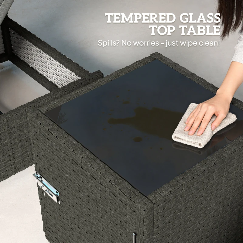 Outsunny Rattan Sun Loungers Set of 2 with Side Table, Garden Recliner Sunbeds with Adjustable Back, Cushions, Dark Grey