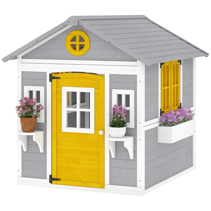 Outsunny Casetta bambini legno con porta, finestre e fioriere, Grigio