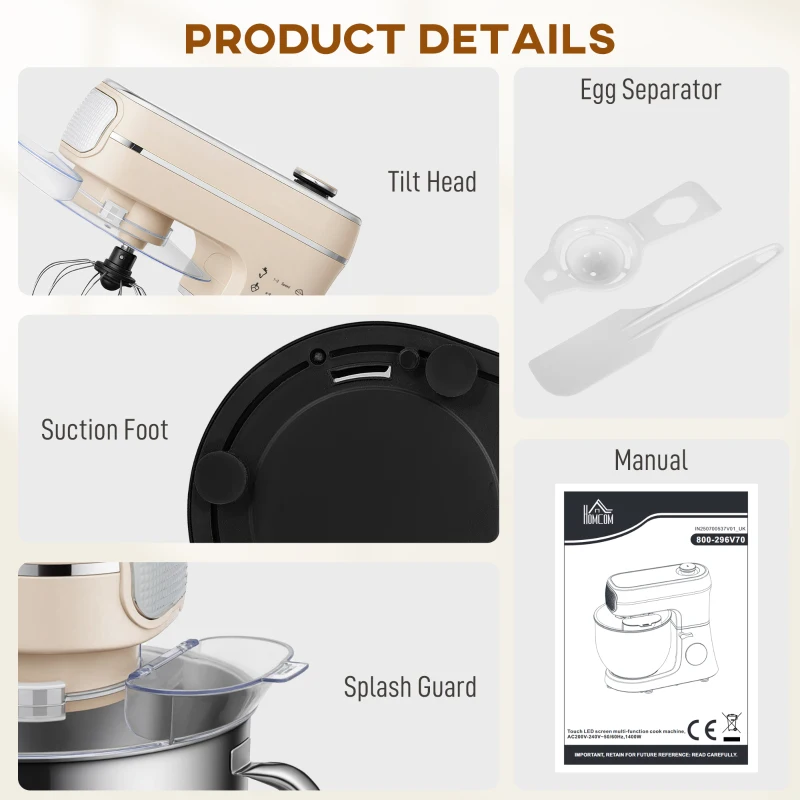HOMCOM Stand Mixer, 6L 1400W Tilt-Head Food Mixer with 11 Speeds, Pulse & Fermentation Function, LED Display, Cream