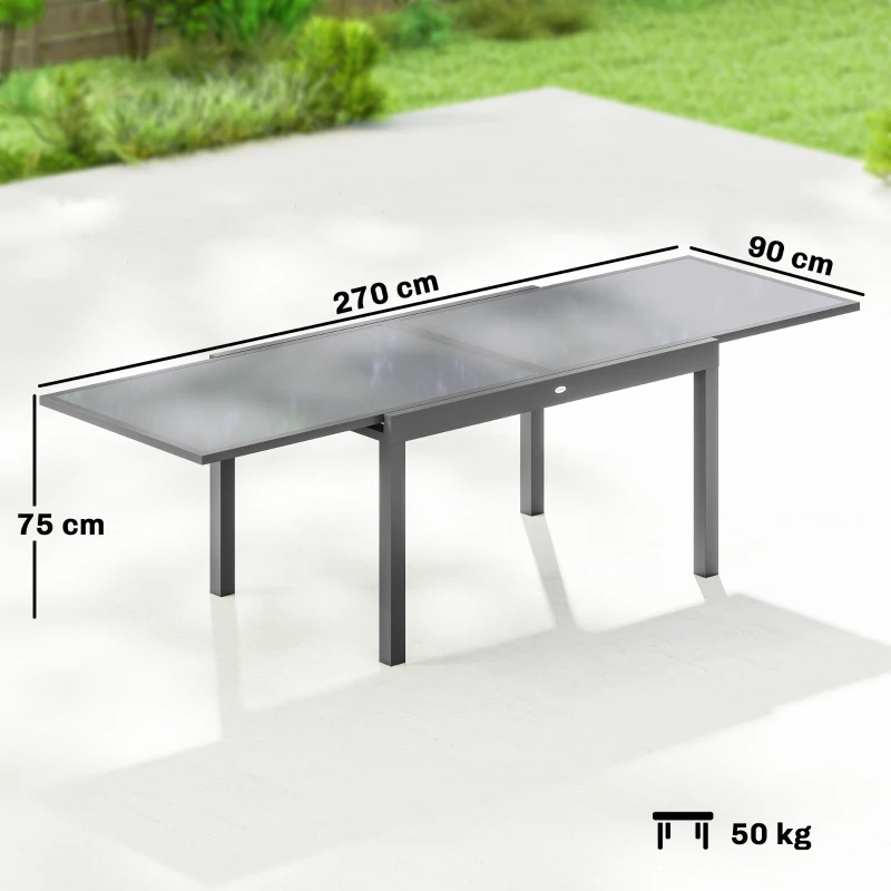 Outsunny Extending Garden Table for 6-10, Aluminium Outdoor Dining Table with Tempered Glass Top, Grey
