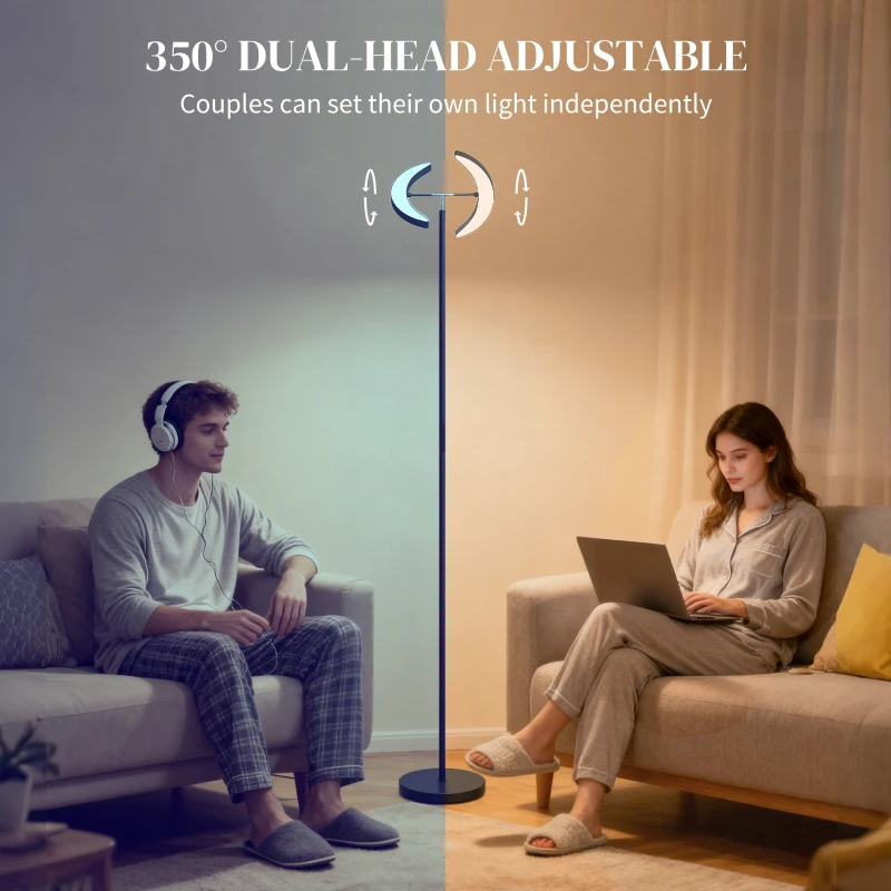 HOMCOM Lampă de Podea Reglabilă cu Telecomandă și Două Capete Rotative 350°, Reglare Temperatură Culoare 2700K-6000K, pentru Living și Dormitor, Negru