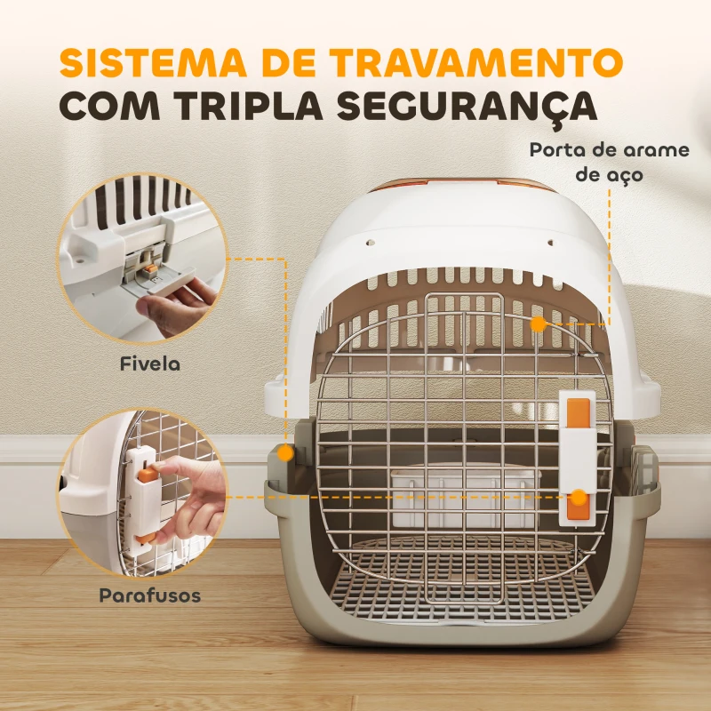 PawHut Transportadora para Gatos e Cães Pequenos de Plástico Suporta até 4 kg com Claraboia Taça Porta de Aço Cinzento Claro