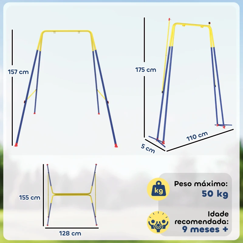 AIYAPLAY Estrutura de Baloiço Infantil Dobrável Estrutura Metálica para 1 Baloiço com 2 Ganchos 4 Estacas 128x155x157 cm Azul
