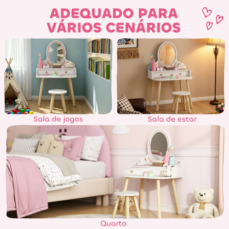 AIYAPLAY Toucador Infantil de Maquilhagem com Banqueta e Espelho 2 Gavetas e Barras para Pendurar dos 3 aos 8 Anos, Branco