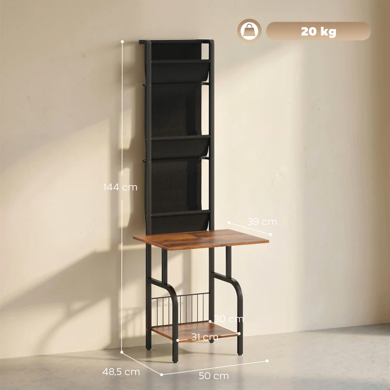 HOMCOM Étagère CD industrielle, rangement CD, support DVD avec 3 pochettes en tissu et plateau, aspect bois rustique brun