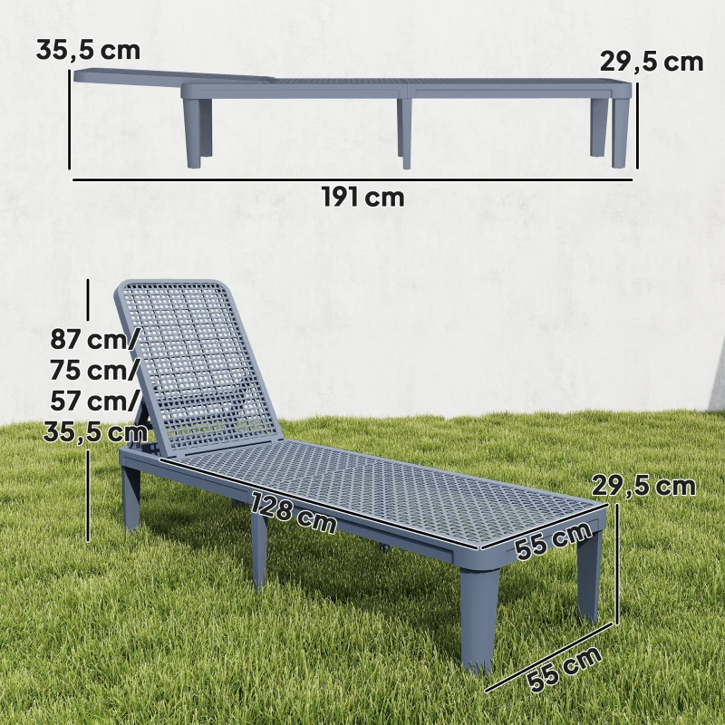 Outsunny Transat inclinable de jardin extérieur avec dossier réglable en 4 positions et structure en PP 191x55x35,5 cm Gris foncé
