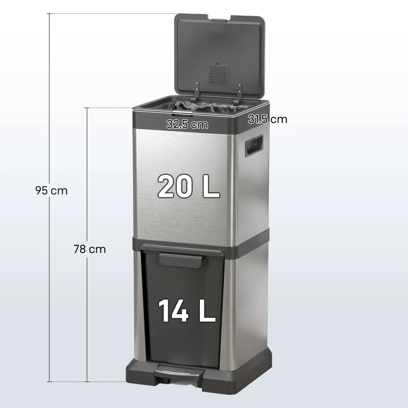 HOMCOM Pattumiera 2 scomparti 20+14 L in acciaio inox con secchi estraibili, Argento