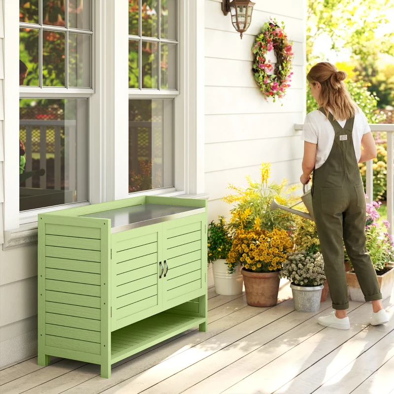 Outsunny Mesa de plantio com armário inferior em madeira armário de jardim exterior com tampo galvanizado 3 prateleiras 88x40x70,5cm Verde