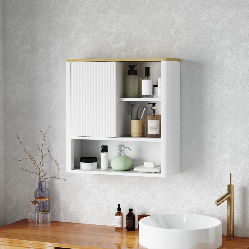 HOMCOM Armadio da Bagno a Parete con Anta Scorrevole, 5 Scomparti e Ripiani Regolabili, 60x20x62 cm, Bianco