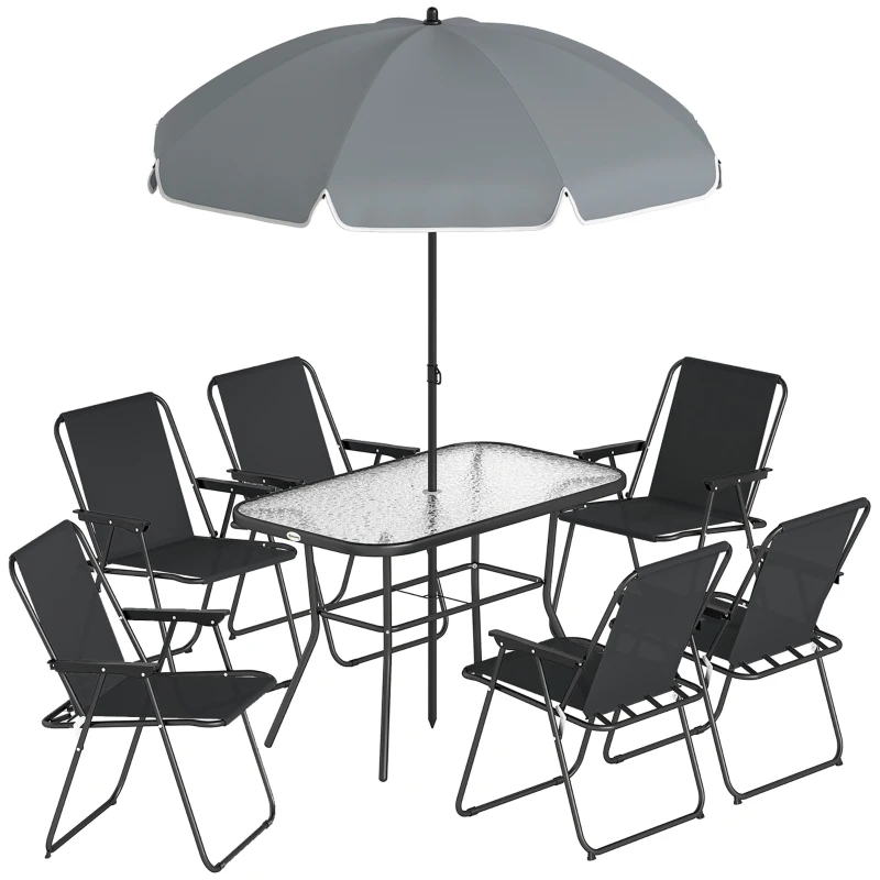 Outsunny Set de Jardin 8 pz avec Parasol, 6 Chaises Pliantes et Table d'Extérieur en Verre Trempé, Noir