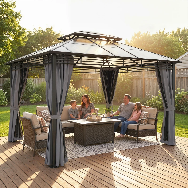 Outsunny Gartenpavillon ca. 3,6x3m Aluminium Pavillon mit 6 mm Polycarbonat-Doppeldach Moskitonetz 4 Seitenteile Dunkelgrau