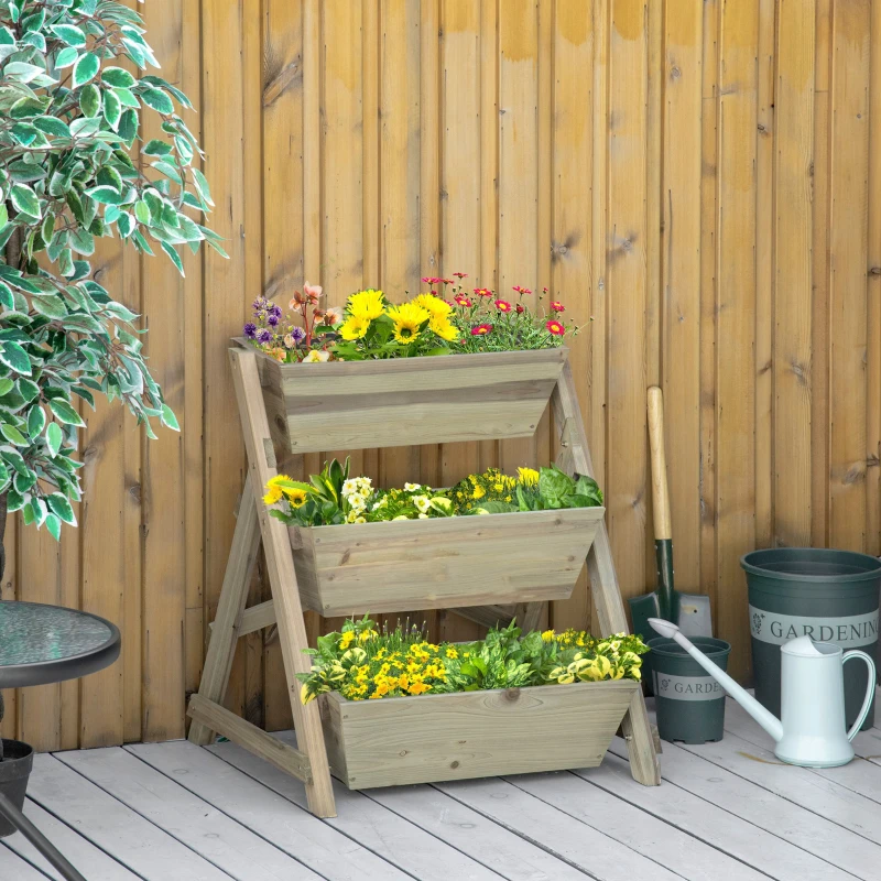 Outsunny Horta de Escada de 3 Níveis Horta de Madeira com Tecido não tecido e Orifícios de Drenagem Horta para Plantas Flores Ervas 71x61x77cm Madeira Natural