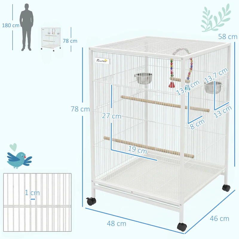 PawHut Gaiola para Pássaros com Rodas Poleiros Baloiço Bandeja Removível e Tigelas de Aço Inoxidável 48x46x78 cm Branco