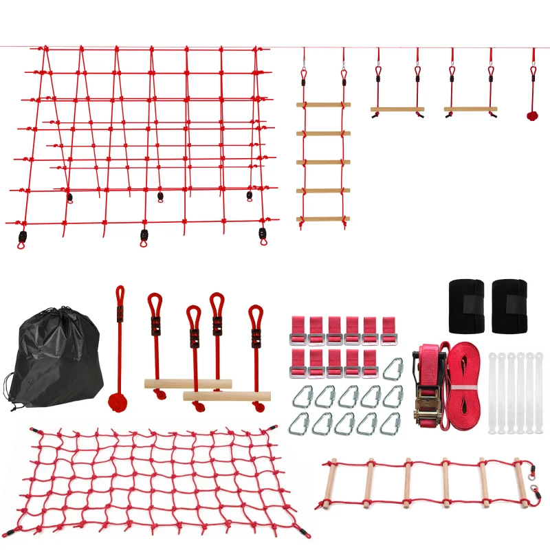 AIYAPLAY Ninja Line Set Slackline pentru copii 10 m cu inele, leagăn, scară de cățărat și plasă de cățărat pentru 3-6 ani 1000x300x180 cm Roșu