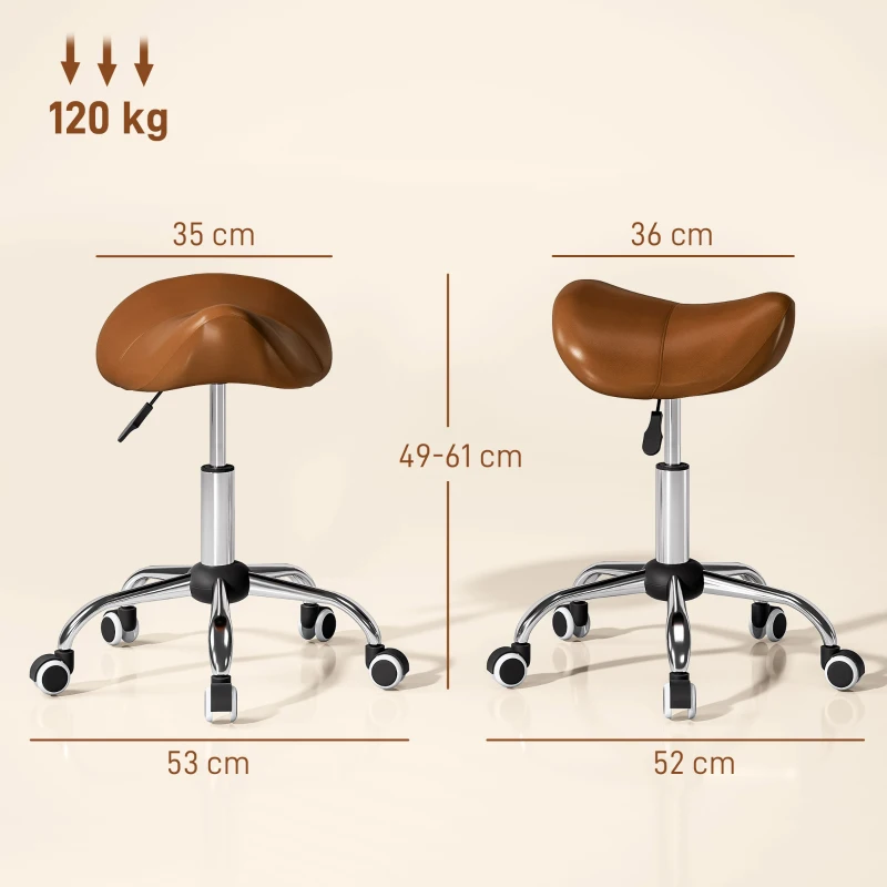 HOMCOM Banqueta com rodízios, cadeira de trabalho com altura regulável 49-61 cm e selim ergonómico, 52x53x49-61cm, marrom