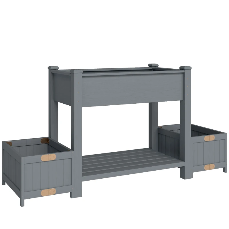 Outsunny Jardinière surélevée avec 2 pots latéraux et étagère pour outils, en bois d'épicéa, 149x46x76 cm, Gris