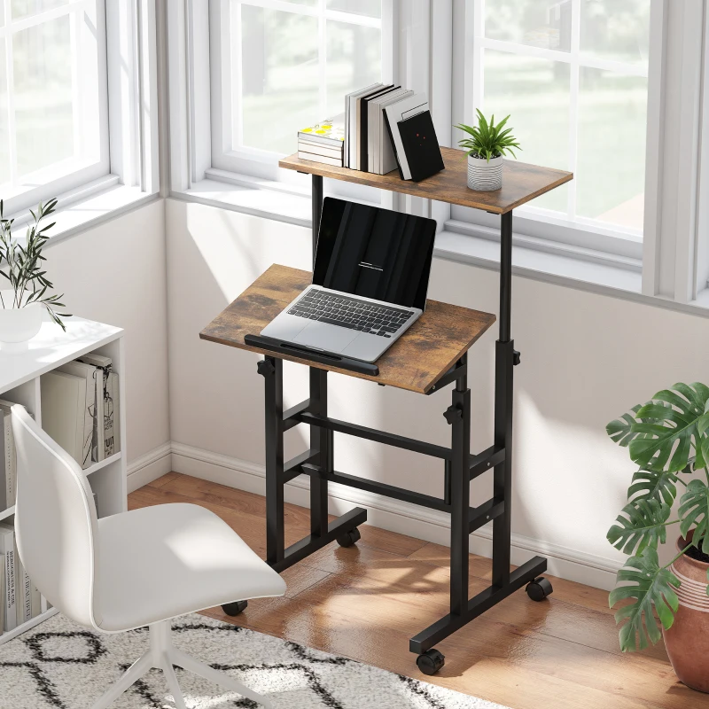 HOMCOM Escritorio ajustable en altura Mesa de cocina con estante, ruedas, mesa para ordenador Marrón rústico 60 x 60 x 70,5-120 cm