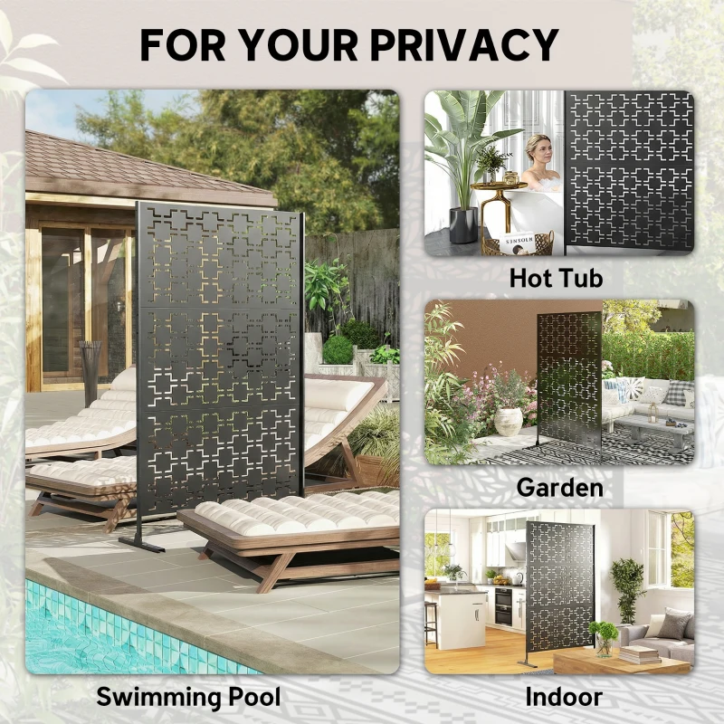 Outsunny Metal Decorative Privacy Screen Outdoor Divider, Black Grid