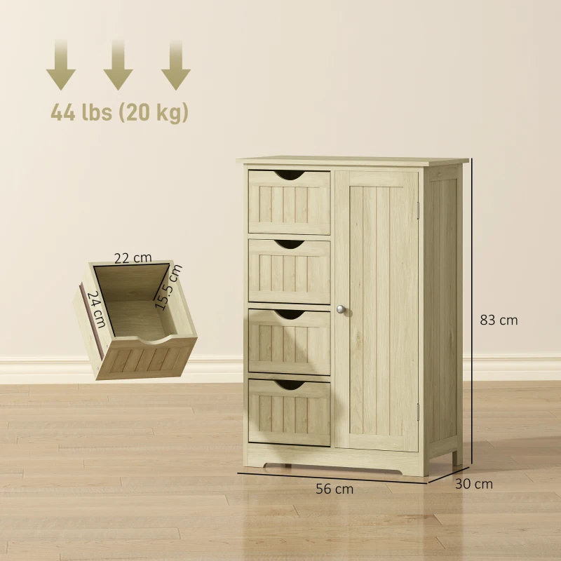 kleankin Colonna bagno con 4 cassetti e ripiano regolabile, 56x30x83 cm, Naturale