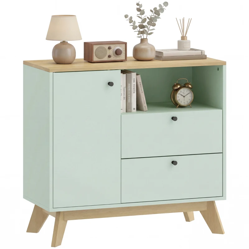 HOMCOM Bufet pentru living, mobilier de depozitare cu ușă, 2 sertare, compartiment deschis și raft reglabil, verde deschis și stejar