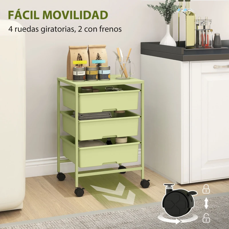 HOMCOM Carrito de Almacenamiento de 4 Niveles Carrito de Cocina con Ruedas 3 Cestas y Tablero 40,8x33,5x60,5 cm Verde