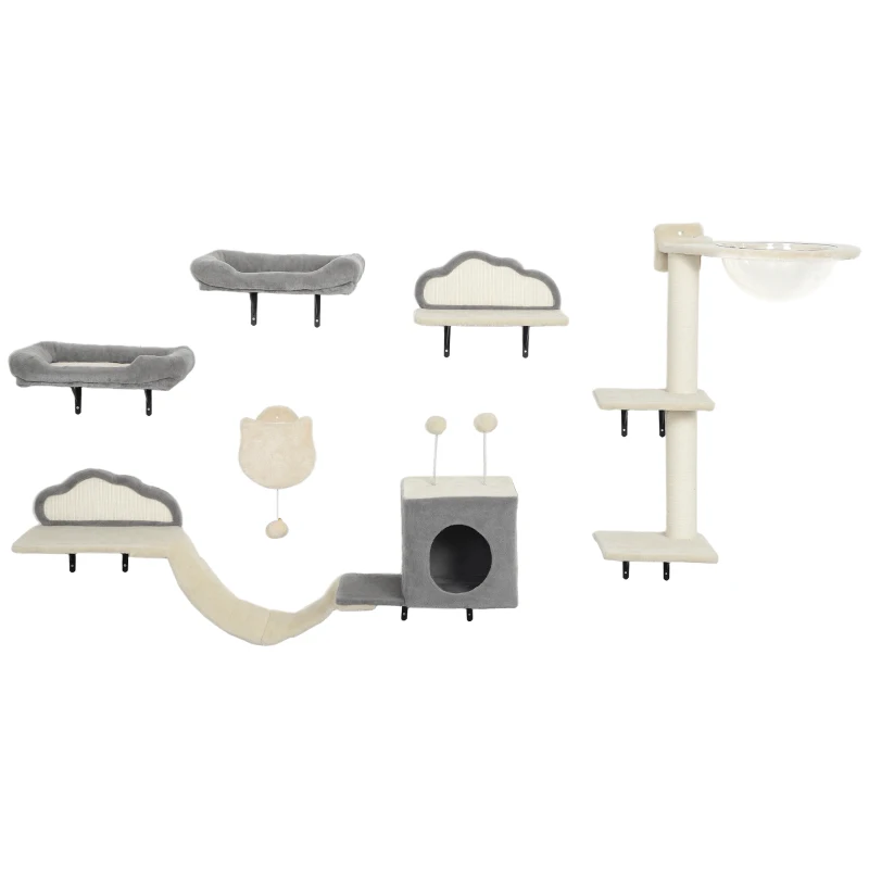 PawHut Estantes murales para gatos conjunto de muebles mural 6 piezas hamaca con cúpula acrílica caseta hamaca escalera beige