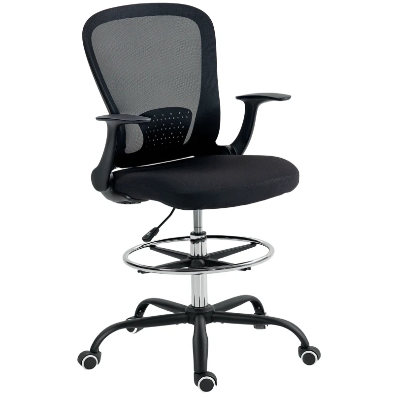 HOMCOM Silla de oficina ergonómica con reposapiés ajustable y reposabrazos abatibles, altura regulable, 59x62x99-119cm, negro