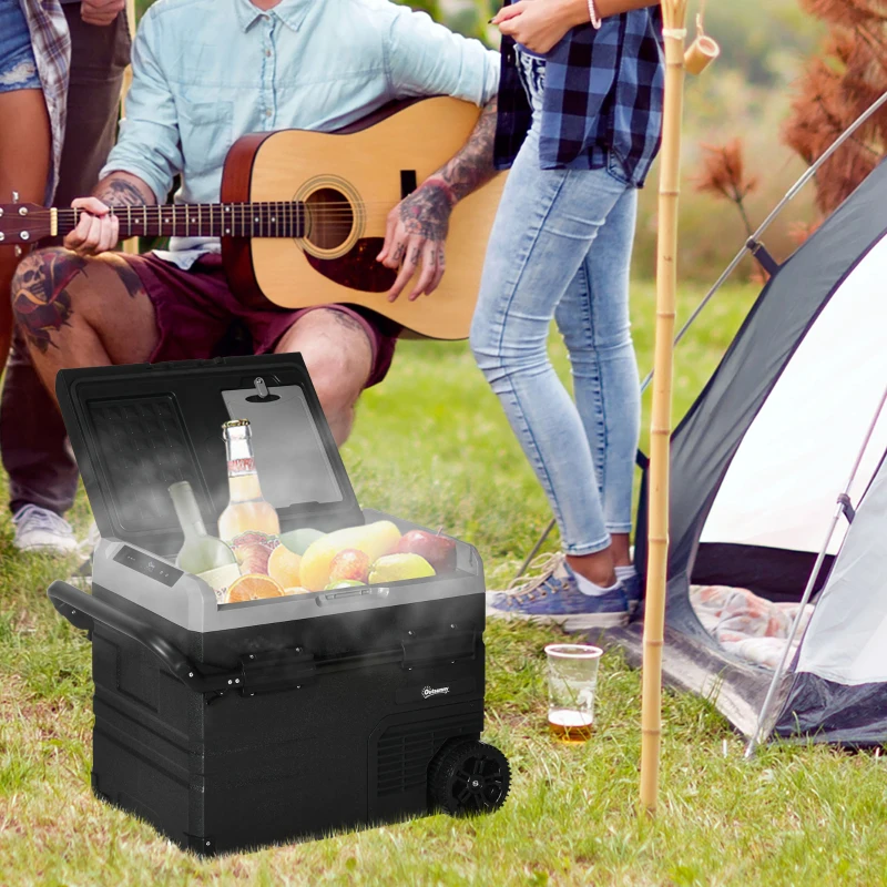 Outsunny Geleira de Compressor Portátil 60L Geleira de Carro CC 12V/24V até -20℃ com Ecrã LED Tátil Alça Retrátil e Rodas 71,1x46x57,1 cm Preto