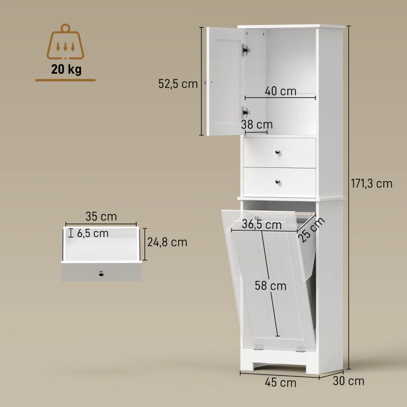 HOMCOM Meuble de Salle de Bain avec Panier à Linge Pliable, Armoire et 2 Tiroirs, en Bois, 45x30x171 cm, Bianco