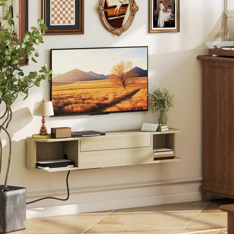 HOMCOM Mueble TV Suspendido para Televisor 127 cm con Cajón Estantes y Pasacables 120x24x22,4 cm Efecto Madera Natural