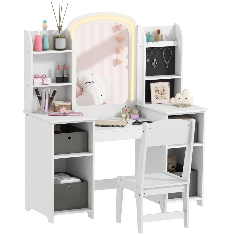AIYAPLAY Tocador infantil con taburete y espejo LED, mesa de maquillaje para 3 a 8 años, 104 x 40 x 112 cm, blanco