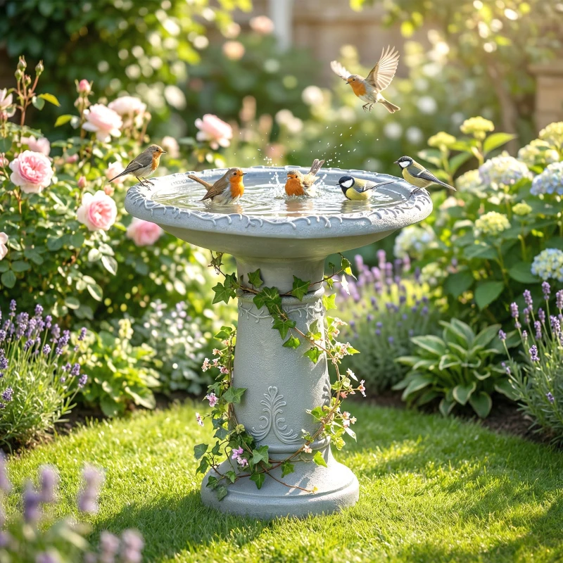 Outsunny Bain pour oiseaux en résine pour extérieur, bain rond 51 cm aspect pierre, distributeur de nourriture pour oiseaux sur pied, Gris