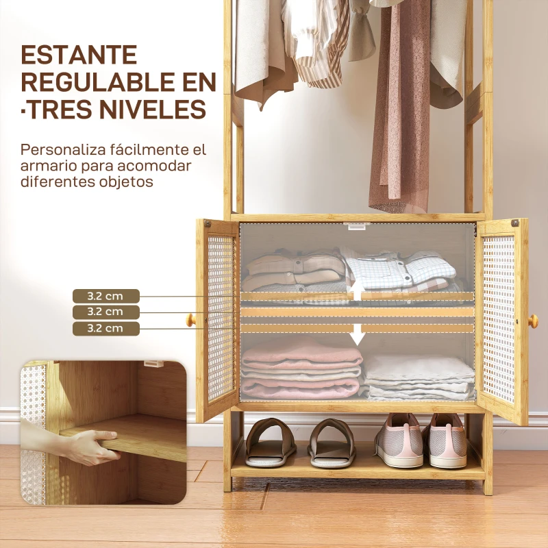 HOMCOM Perchero de Bambú con Armario Zapatero Barra para Colgar Estante Ajustable para Entrada Pasillo 53x31x168 cm Natural