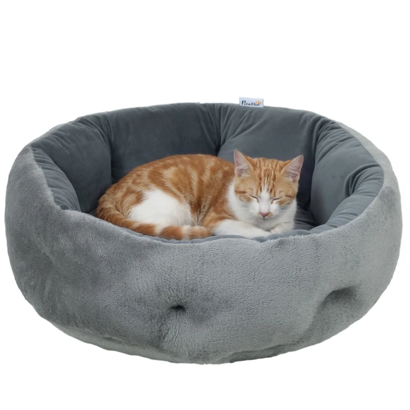 PawHut Cat Bed, Reversible Dog Pet Bed for Indoor Cats and Small Dogs, Round Bed with Supportive Bolster, Dark Grey