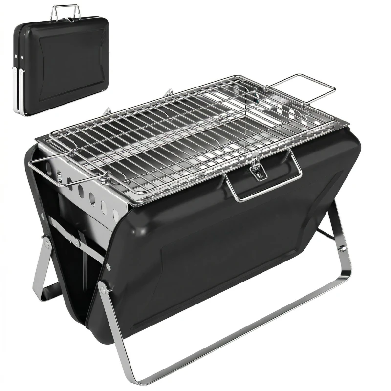 Outsunny Barbecue au charbon en acier inoxydable BBQ Smoker avec grille, poignée et pieds pliables pour barbecue camping 40x28x25,5cm Noir