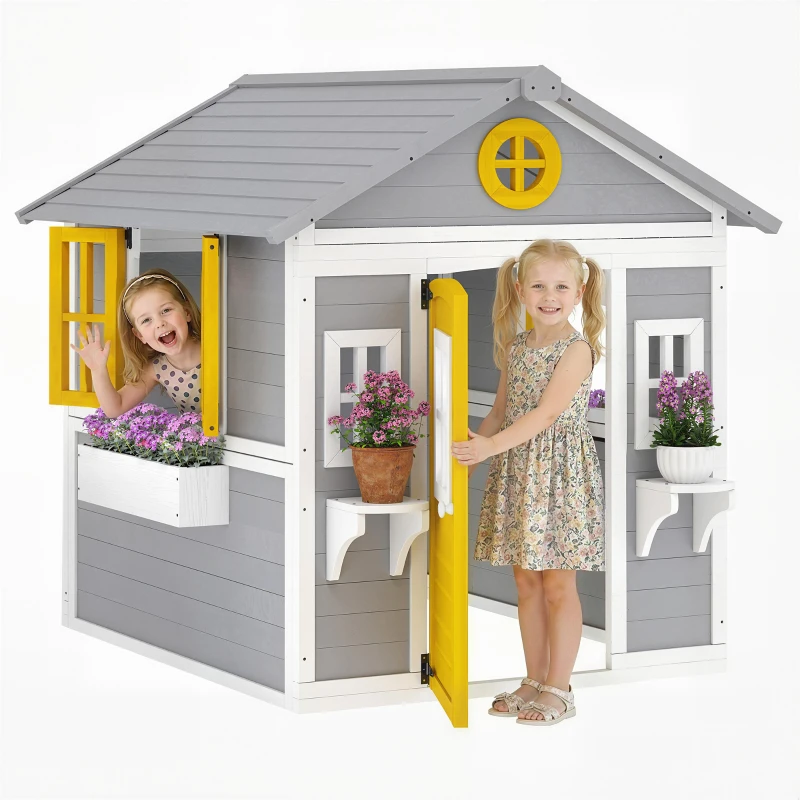 Outsunny Casetta bambini legno con porta, finestre e fioriere, Grigio
