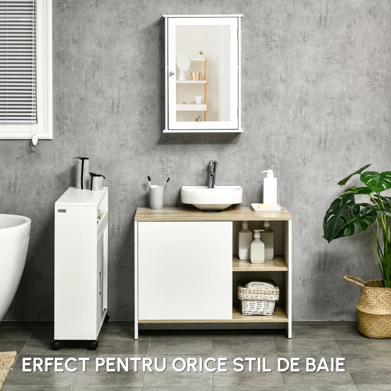 Kleankin Dulap pentru lavoar pentru baie, 77x45x60cm, alb si culoarea lemnului(m-6)