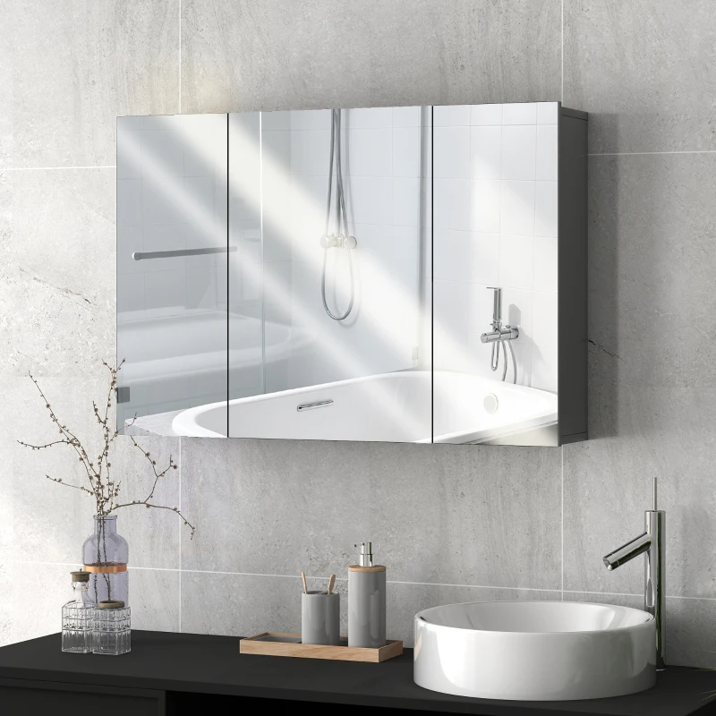 kleankin Armadio bagno da parete con 3 ante a specchio e ripiani regolabili, 90x15x60 cm, Grigio