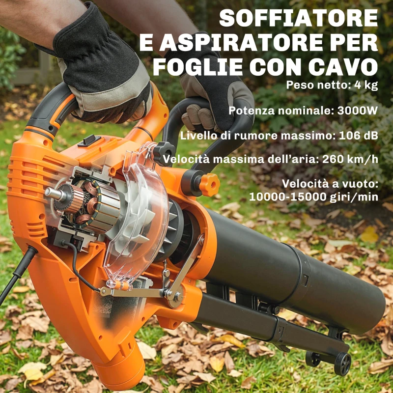 Outsunny 3-in-1 Soffiatore, Aspiratore, Trituratore per Foglie 3000W, Leggero