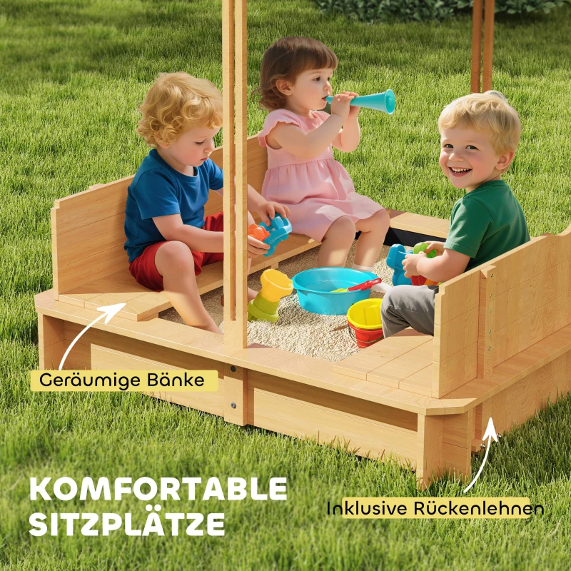 Outsunny Sandkasten 106x106 cm Kinder Sandbox aus Holz mit höhenverstellbar Abdeckung Sitzbänken Rücklehnen Hellbraun