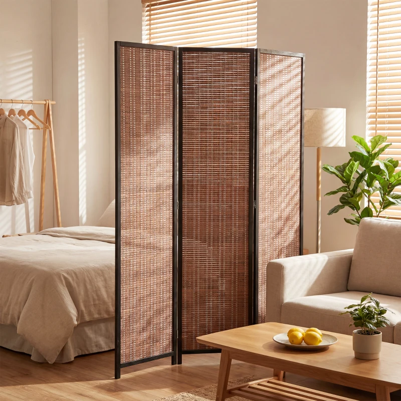 HOMCOM Paravento divisorio pieghevole in legno a 3 pannelli, 135x180 cm, Marrone