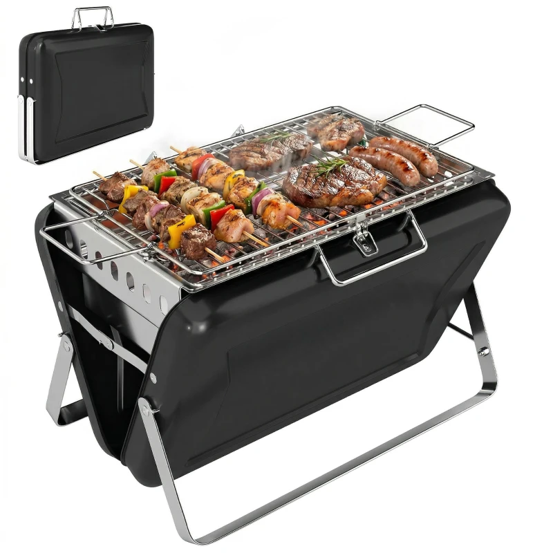 Outsunny Barbecue au charbon en acier inoxydable BBQ Smoker avec grille, poignée et pieds pliables pour barbecue camping 40x28x25,5cm Noir
