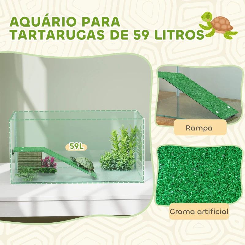 PawHut Aquário para Tartarugas Terrário de Tartarugas com Plataforma Rampa e Visão Panorâmica 360° 60x35x28 cm Branco