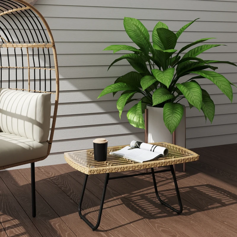 Outsunny Tavolino da giardino in rattan con piano in vetro, 90x50x45 cm, Naturale