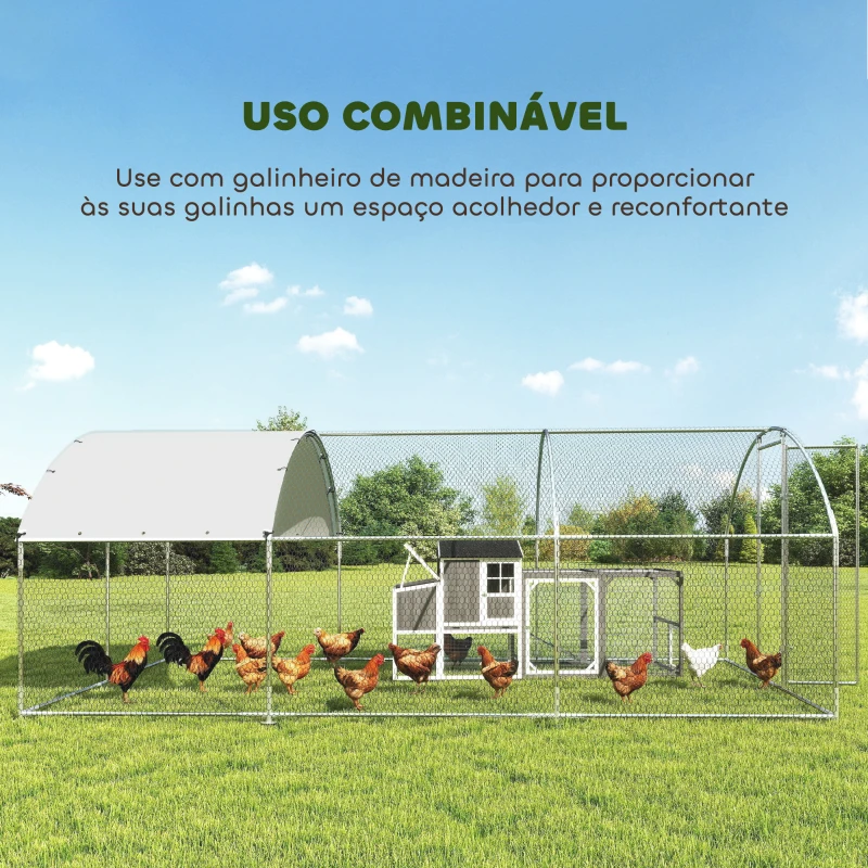 PawHut Galinheiro de Exterior 2,8x5,1x1,9 m Cobertura de Tecido Oxford Anti-UV Impermeável Fechos para 15-24 Galinhas Prateado