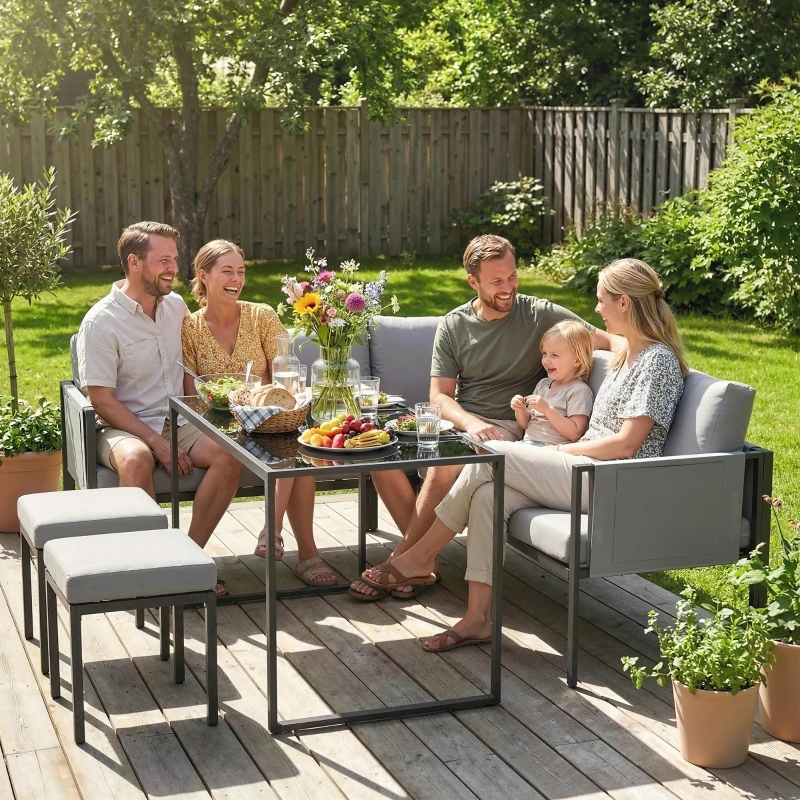 Outsunny Set mobilier de grădină Canapea colț exterior 6 piese Perne 10cm Masă înaltă și 2 taburete Gri